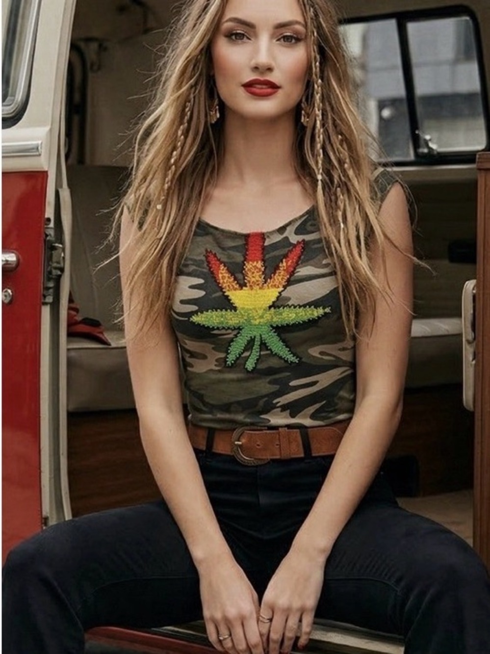 Vintage Y2K Miss Sixty Camo Hand Beaded Cannabis Leaf Tank Top Size S